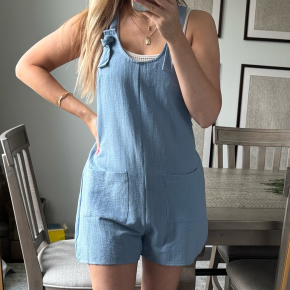 Pants - Light Blue Sleeveless Casual Over Alls Romper with Pockets